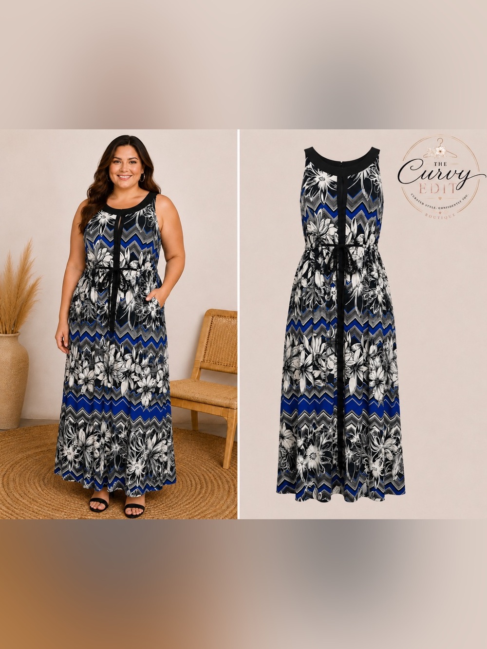 NWT En Focus Women Maxi Dress Size 16W Black White Floral Blue Chevron Print